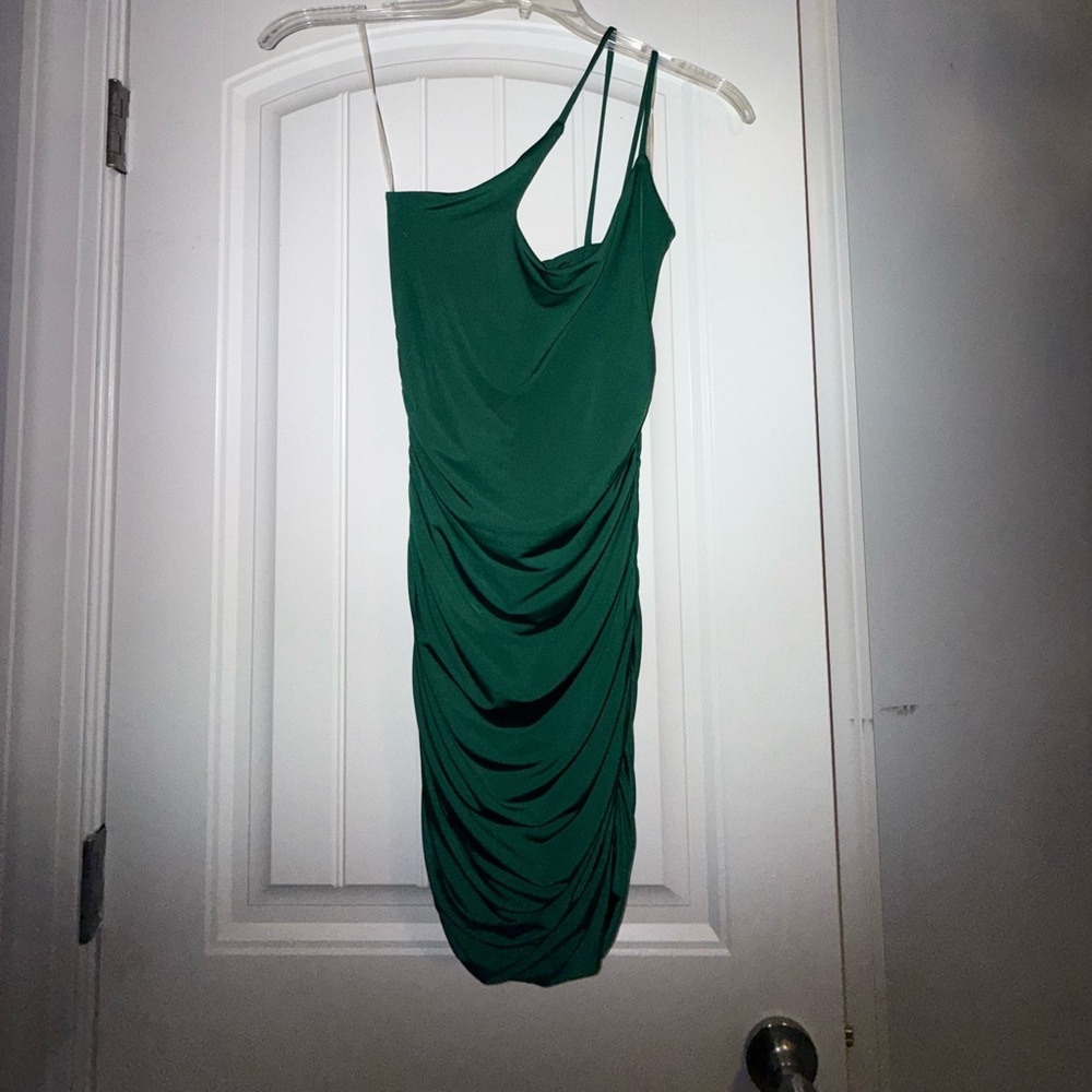 Green one shoulder mini dress